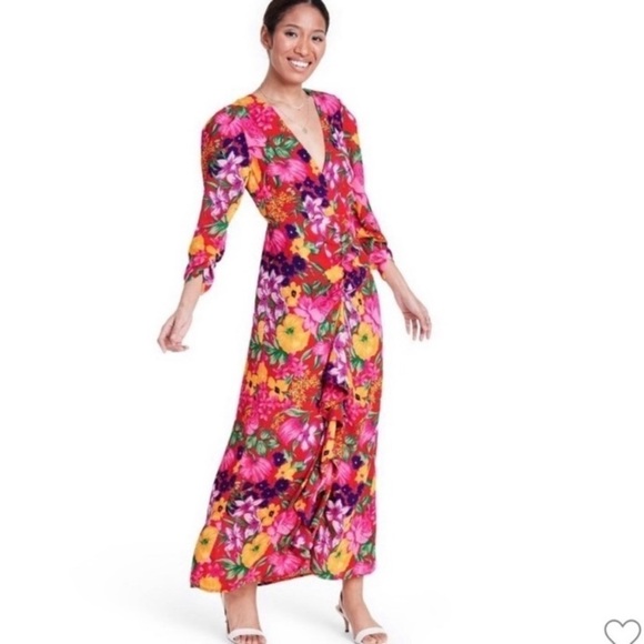 Rixo target red coral Hawaiian floral ruffle midi dress xs 2 - Picture 2 of 10